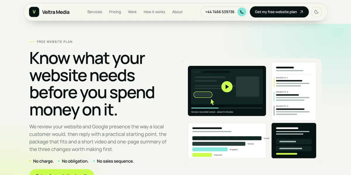 The Veltra free website plan landing page, with one offer and one call to action
